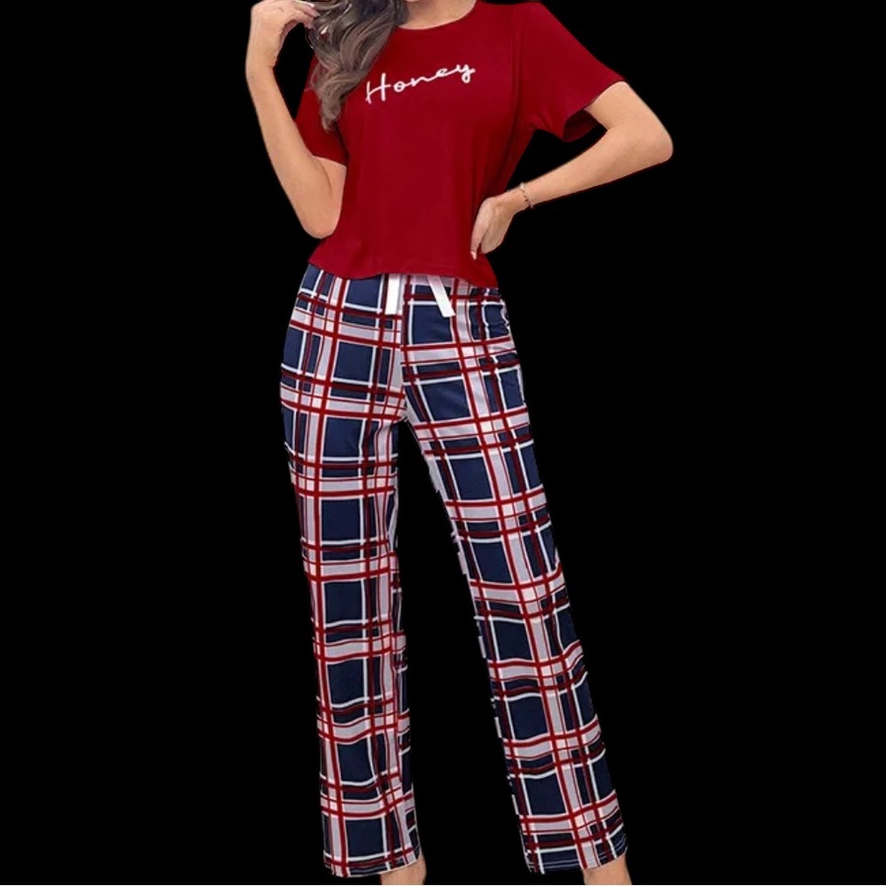 Red 'Honey' T-Shirt and Plaid Pants Set